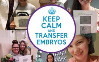 Smiling surrogate mothers with the phrase "Keep calm and transfer embryos" in the center.