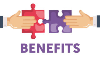Two hands putting puzzle pieces together with the text "Benefits" underneath.