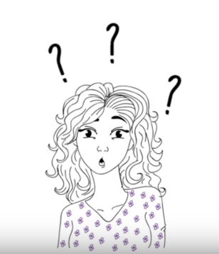 A cartoon drawing of a woman with question marks above her head.
