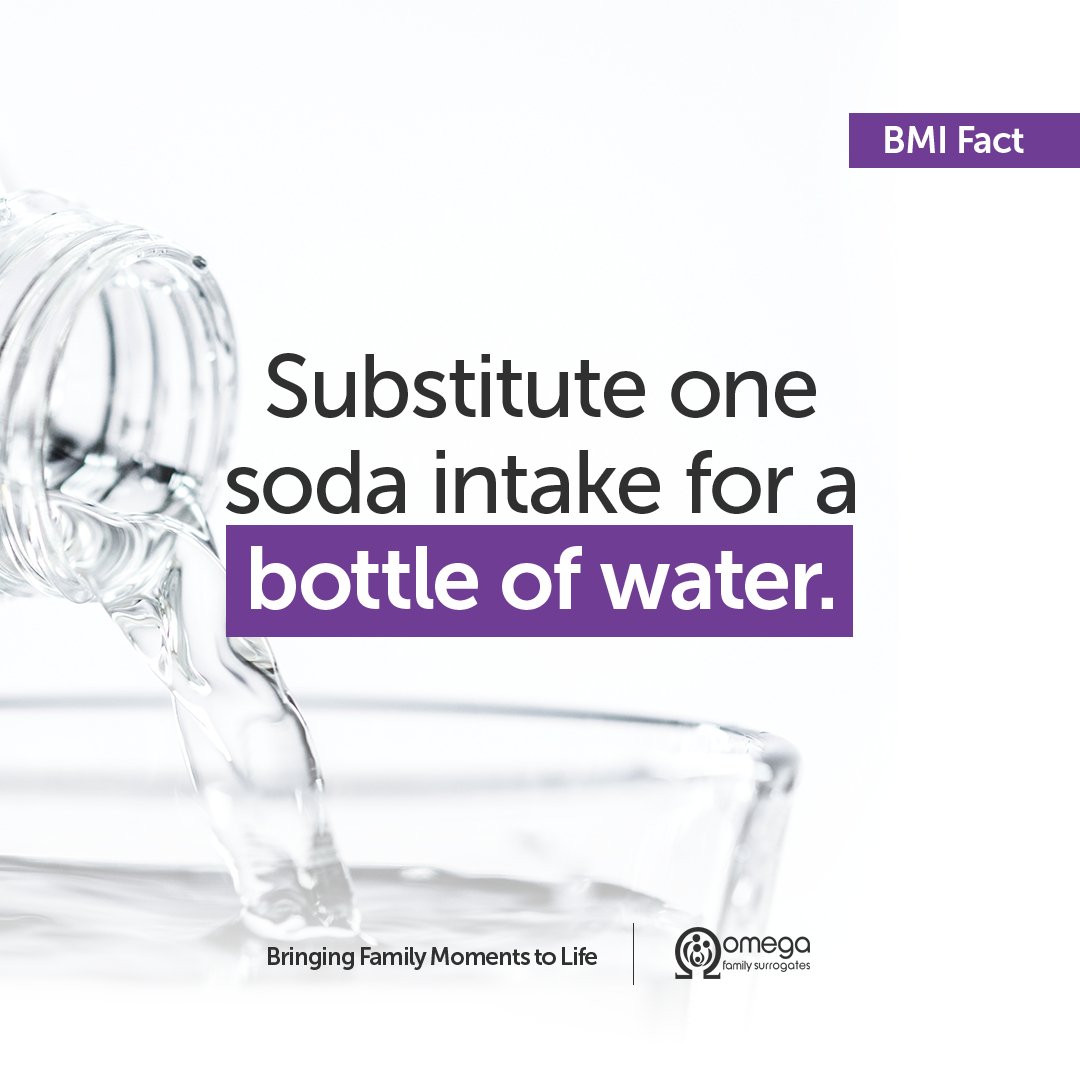 Water being poured into a glass with the text "BMI Fact: Substitute one soda intake for a bottle of water."